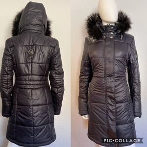 NWT WOMEN’S PUFFER COAT PARKA JACKET‎ IN NAVY REAL RACCOON FUR  HOOD ZIPPED